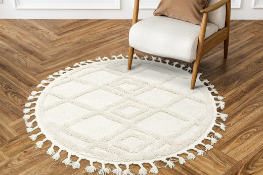 Okrągły Dywan Berber 6843 ivory Krem Romby 3D z frędzlami
