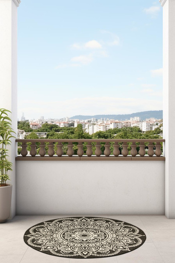 Okrągły Dwustronny Dywan Sznurkowy Brussels 205333/10110 Night Antracyt Krem Rozeta Outdoor