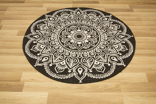 Okrągły Dwustronny Dywan Sznurkowy Brussels 205333/10110 Night Antracyt Krem Rozeta Outdoor