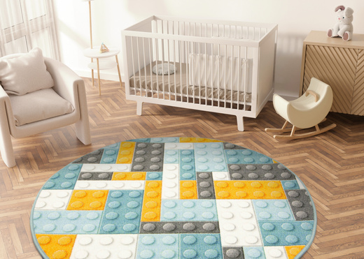 Okrągły Kolorowy Dywan Dziecięcy Klocki Orange