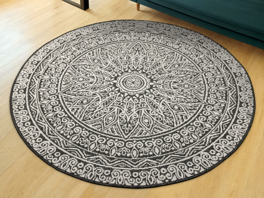 Okrągły Dwustronny Dywan Sznurkowy Brussels 205334/10110 Night Antracyt Krem Rozeta Mandala Outdoor