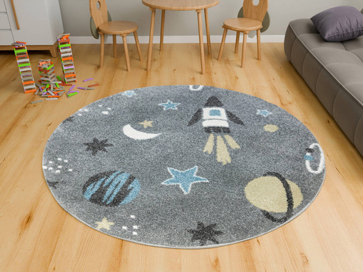 Okrągły Dywan Dziecięcy Lima C276A l.grey/cream Rakiety Kosmos Szary