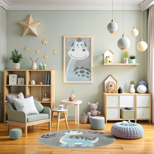 Okrągły Dywan Lima C880A l.grey/blue Dinozaur Turkus Krem Szary