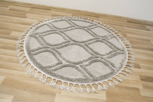 Okrągły Dywan Berber 7063 l.grey Szary Łezki 3D z frędzlami
