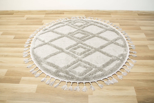 Okrągły Dywan Berber 6843 l.grey Jasny Szary Romby 3D z frędzlami