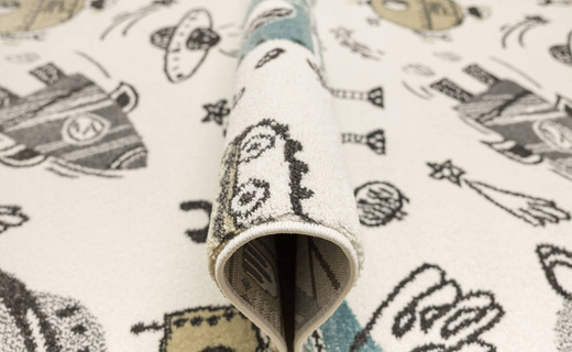 Wykładzina Dziecięca G931A cream/d.grey Pastelowy Krem Turkus Roboty Rakiety Kosmos szerokość 4 m