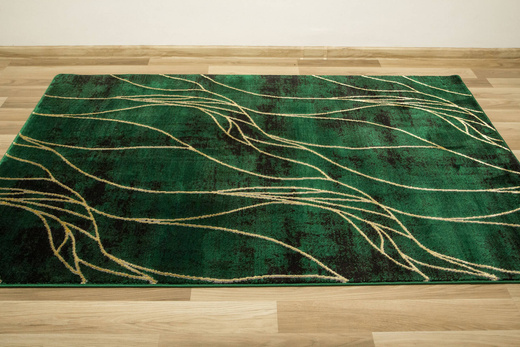 Dywan Diamond K8707Y green Linie Liście Butelkowa Zieleń Złoty