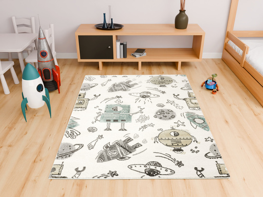 Wykładzina Dziecięca G931A cream/d.grey Pastelowy Krem Turkus Roboty Rakiety Kosmos szerokość 4 m