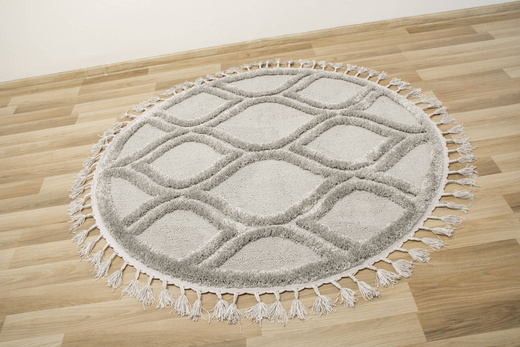 Okrągły Dywan Berber 7063 l.grey Szary Łezki 3D z frędzlami
