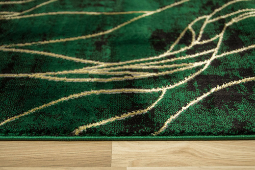 Chodnik Diamond k8707Y Linie Liście Butelkowa Zieleń Złoty szerokość 120 cm