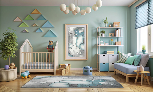 Dywan Dziecięcy Lima 1295A cream/blue Szary Niebieski Miś Chmurki Gwiazdki