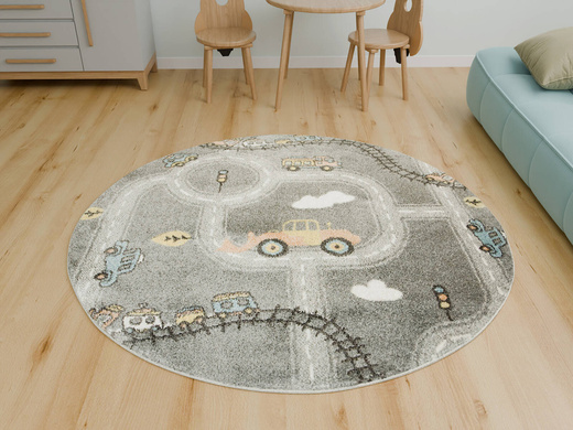 Okrągły Dywan Lima C511A l.grey/cream Uliczki Pociągi Chmurki Szary Łososiowy
