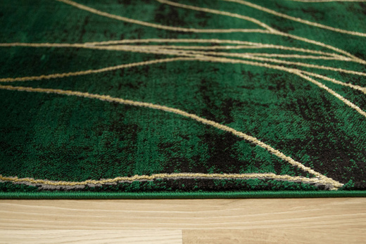 Dywan Diamond K8707Y green Linie Liście Butelkowa Zieleń Złoty