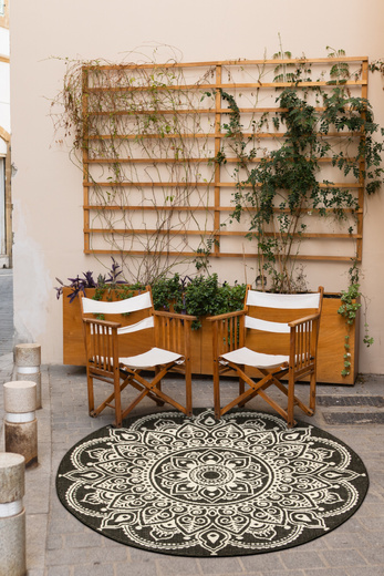 Okrągły Dwustronny Dywan Sznurkowy Brussels 205333/10110 Night Antracyt Krem Rozeta Outdoor