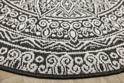 Okrągły Dwustronny Dywan Sznurkowy Brussels 205334/10110 Night Antracyt Krem Rozeta Mandala Outdoor