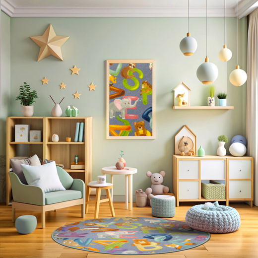 Okrągły Kolorowy Dywan Dziecięcy Alfabet 19 Grey