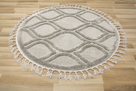 Okrągły Dywan Berber 7063 l.grey Szary Łezki 3D z frędzlami