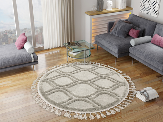 Okrągły Dywan Berber 7063 l.grey Szary Łezki 3D z frędzlami