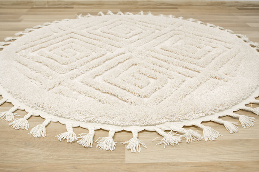 Okrągły Dywan Berber 7061 Ivory Krem Romby 3D z frędzlami
