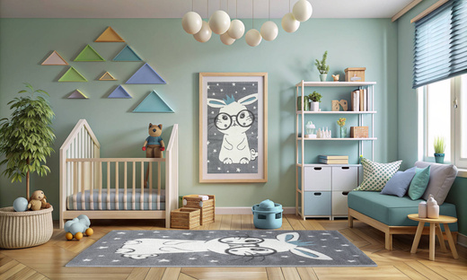 Dywan Dziecięcy Lima 9377C l.grey/blue Szary Krem Króliczek w Okularach