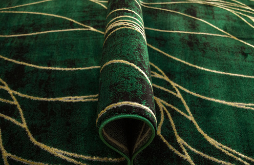 Dywan Diamond K8707Y green Linie Liście Butelkowa Zieleń Złoty