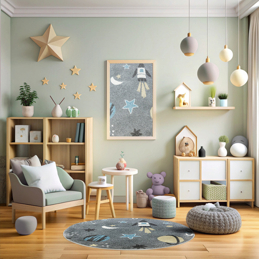 Okrągły Dywan Dziecięcy Lima C276A l.grey/cream Rakiety Kosmos Szary