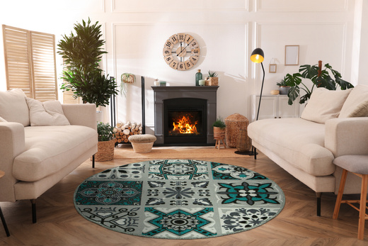 Antypoślizgowy Okrągły Dywan Patchwork Turkus