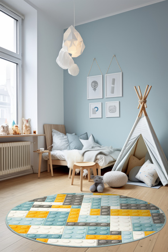 Okrągły Kolorowy Dywan Dziecięcy Klocki Orange