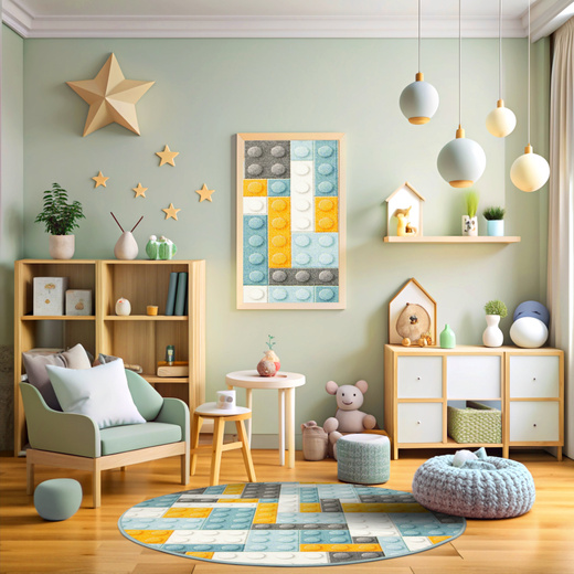 Okrągły Kolorowy Dywan Dziecięcy Klocki Orange