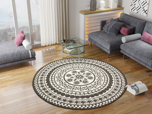 Okrągły Dwustronny Dywan Sznurkowy Brussels 205626/10110 Night Antracyt Krem Rozeta Outdoor