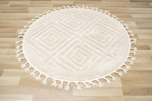 Okrągły Dywan Berber 7061 Ivory Krem Romby 3D z frędzlami