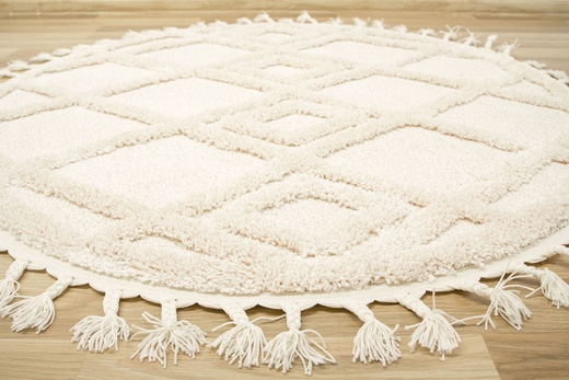 Okrągły Dywan Berber 6843 ivory Krem Romby 3D z frędzlami