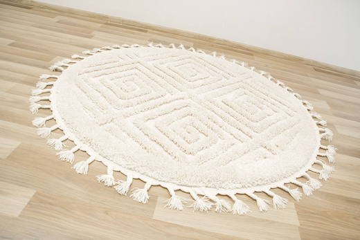 Okrągły Dywan Berber 7061 Ivory Krem Romby 3D z frędzlami
