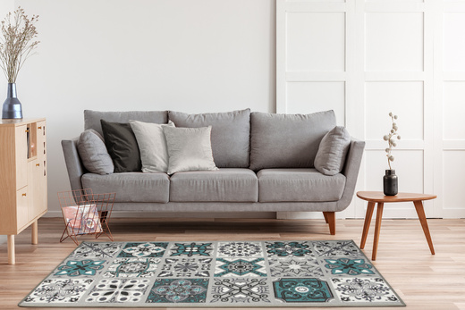 Antypoślizgowy chodnik podgumowany patchwork turkus szerokość 80 cm