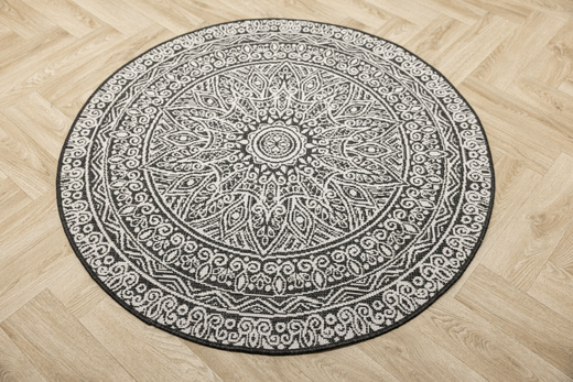 Okrągły Dwustronny Dywan Sznurkowy Brussels 205334/10110 Night Antracyt Krem Rozeta Mandala Outdoor