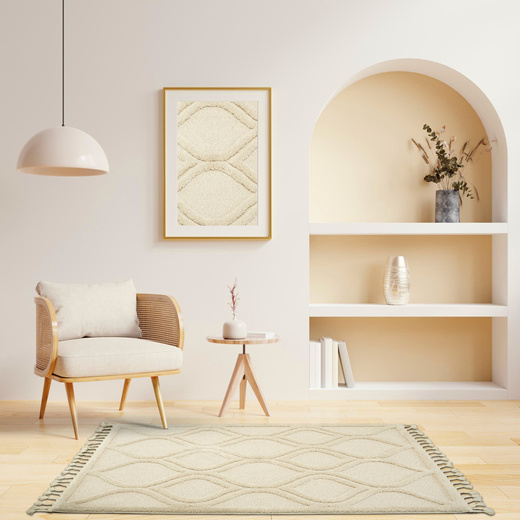 Dywan Berber 7063 Ivory Kość Słoniowa Romby 3D z frędzlami