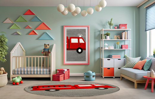 Okrągły Dywan Lima G752A l.grey/l.red Straż Pożarna Czerwony Szary