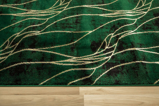 Chodnik Diamond k8707Y Linie Liście Butelkowa Zieleń Złoty szerokość 80 cm