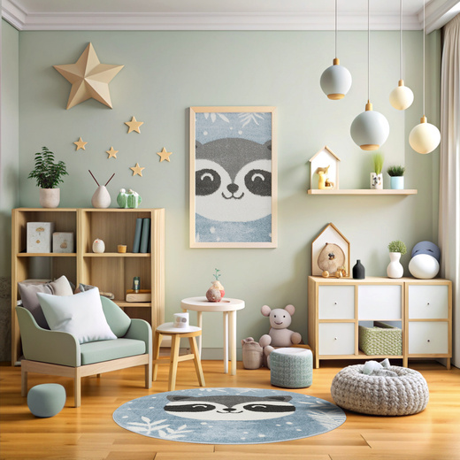 Okrągły Dywan Lima C884A blue/cream Turkus Krem Szop Pracz Listki