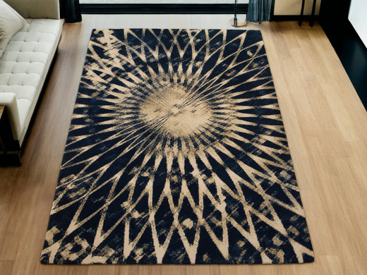 Wełniany Dywan Tempo-B Domio Denim Granatowy Beżowy Rozeta