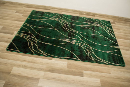 Dywan Diamond K8707Y green Linie Liście Butelkowa Zieleń Złoty