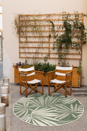 Okrągły Dwustronny Dywan Sznurkowy Brussels 205771/10520 Green Zieleń Krem Listki Palmy Outdoor