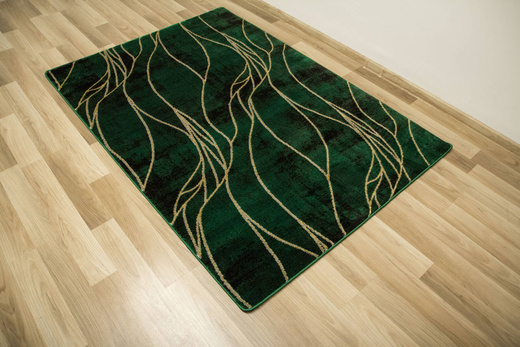 Dywan Diamond K8707Y green Linie Liście Butelkowa Zieleń Złoty