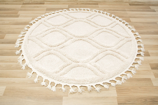 Okrągły Dywan Berber 7063 ivory krem Łezki 3D z frędzlami