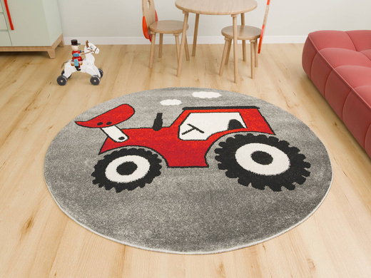 Okrągły Dywan Lima G753A l.grey/l.red Traktor Czerwony Szary