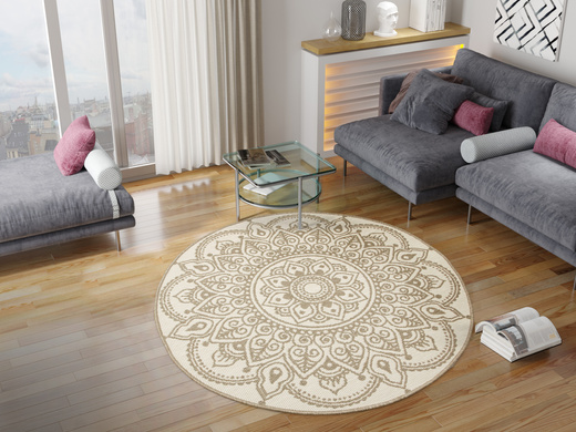 Okrągły Dwustronny Dywan Sznurkowy Brussels 205333/10610 Linen Beż Krem Rozeta Outdoor