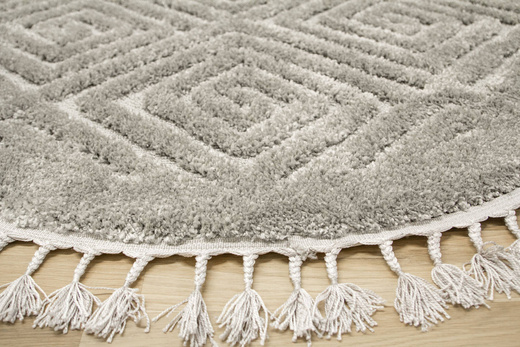 Okrągły Dywan Berber 7061 l.grey Jasny Szary 3D z frędzlami