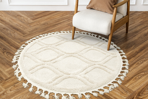 Okrągły Dywan Berber 7063 ivory krem Łezki 3D z frędzlami