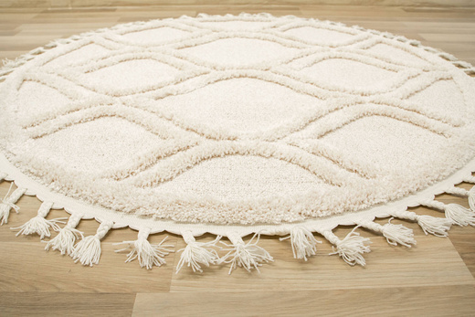 Okrągły Dywan Berber 7063 ivory krem Łezki 3D z frędzlami