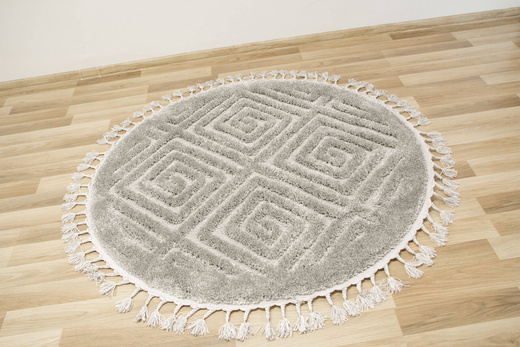 Okrągły Dywan Berber 7061 l.grey Jasny Szary 3D z frędzlami